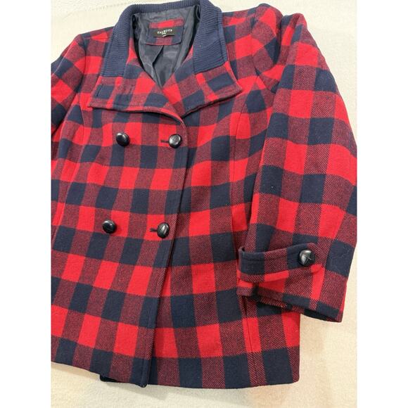 Talbots Womens Pea Coat Red Buffalo Plaid Lined Wool Jacket Sz L 14 Petite Navy - Picture 3 of 16
